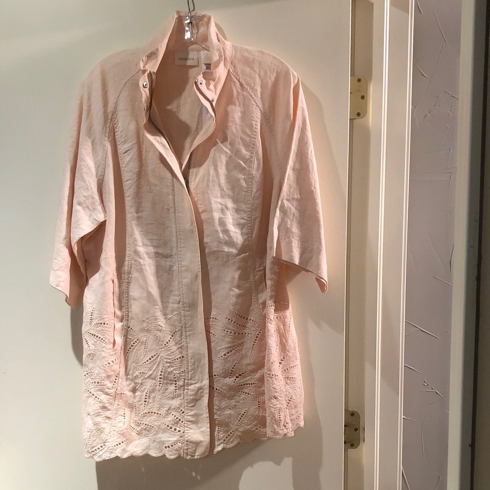 Chico's Pale Peach Linen Zip Long Jacket. Size 3